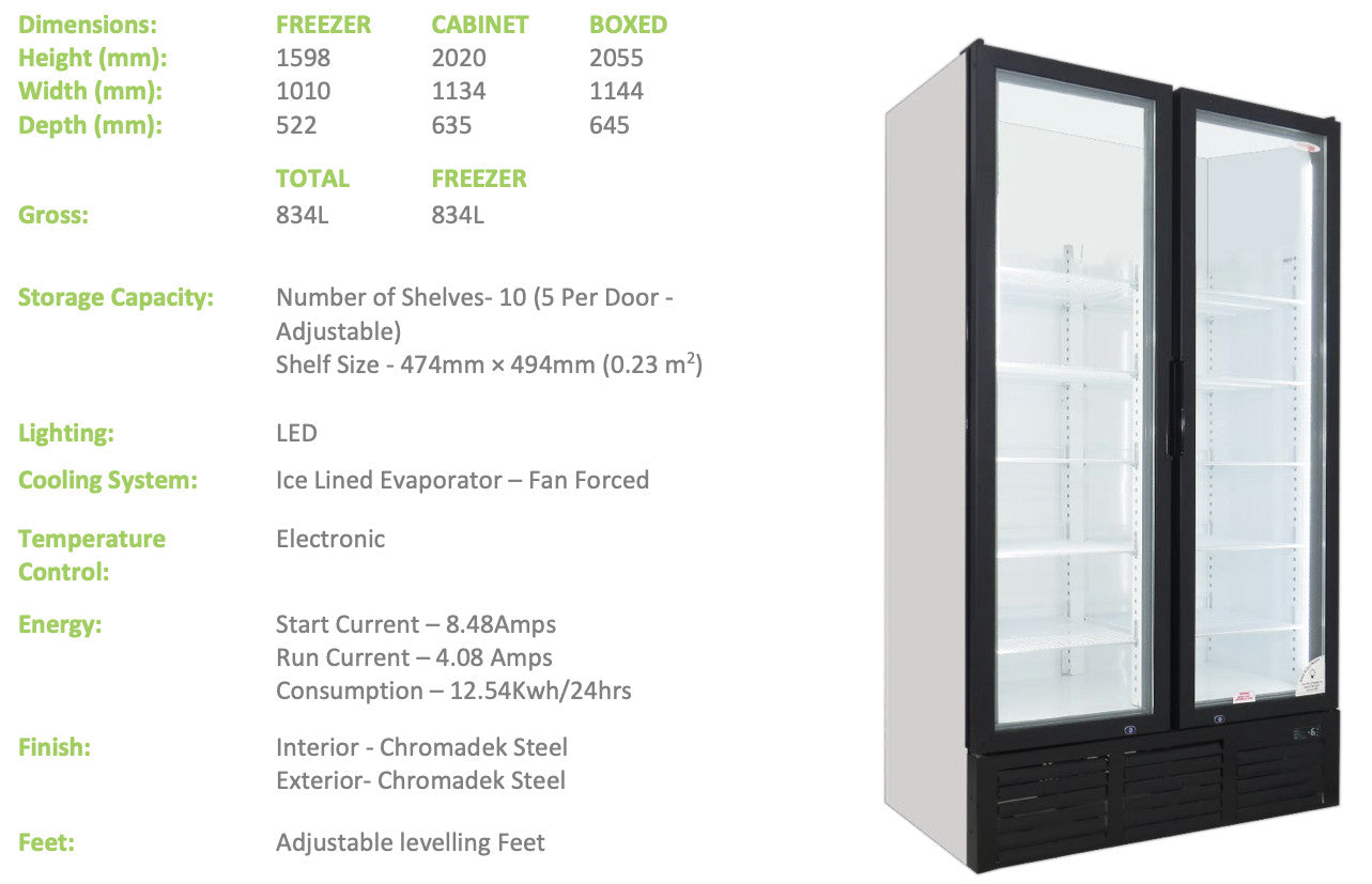 Fridgestar Full Glass Double Door Upright Freezer - FC1135 commercial display fridge detail view 2